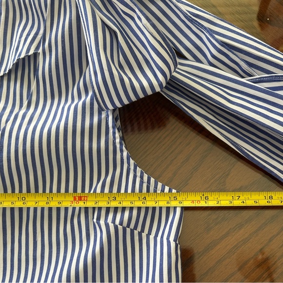 J.O.A Los Angeles Blouse Women's Blue Striped Bow Shoulder Button Up Top - Picture 4 of 8